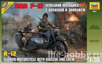 3607    -12     / BMW R-12 German Motorcycle With Sidecar and Crew 